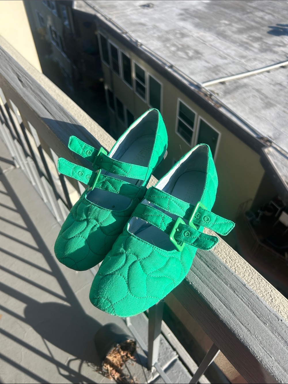 Camper Green Quilted Mary Jane Flats with Double Straps